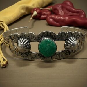 Mexico Sterling silver bangle with green turquoise cabochon stamped